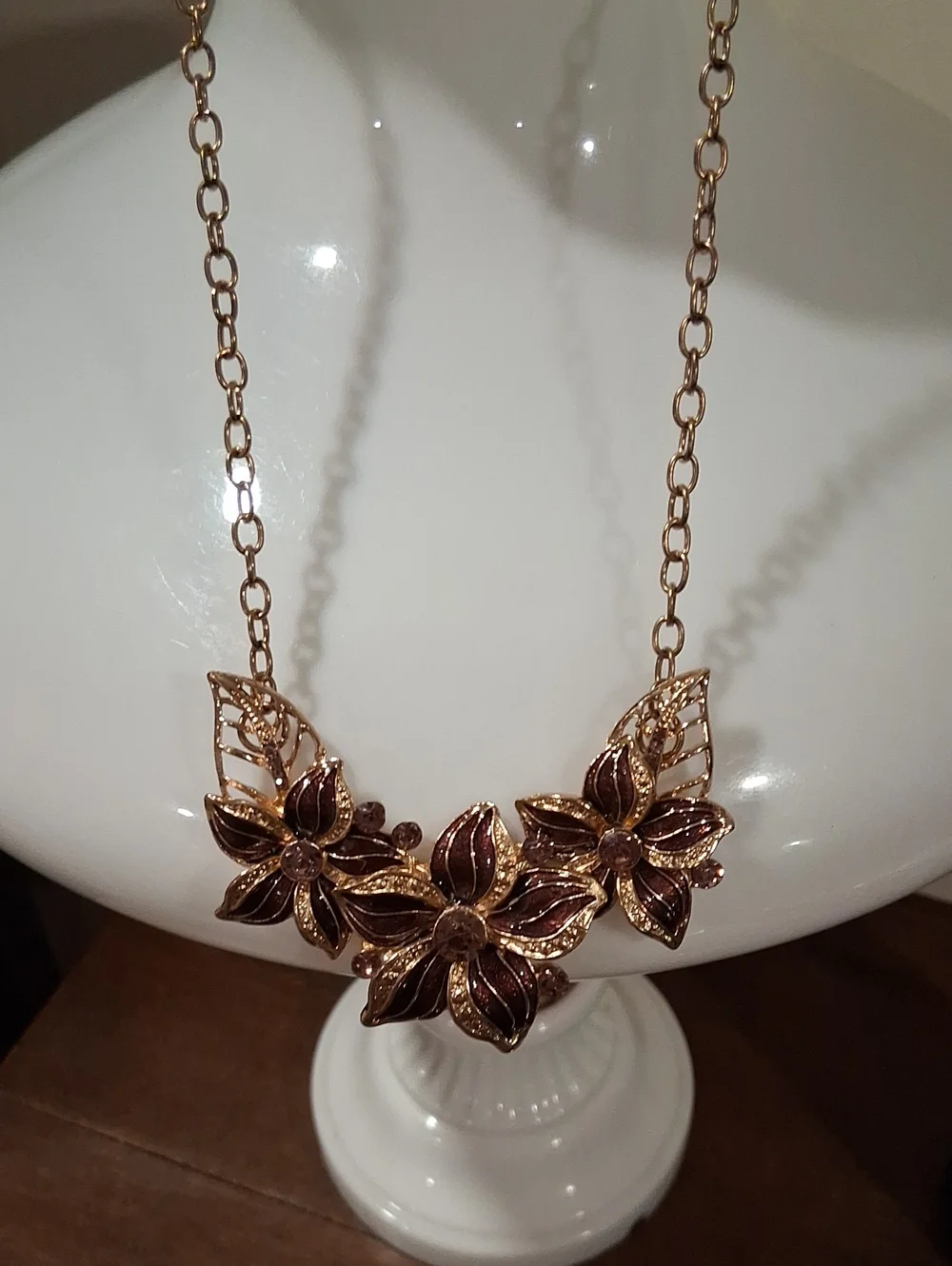 Rose Gold Floral Statement Necklace with Brown Enamel Petals
